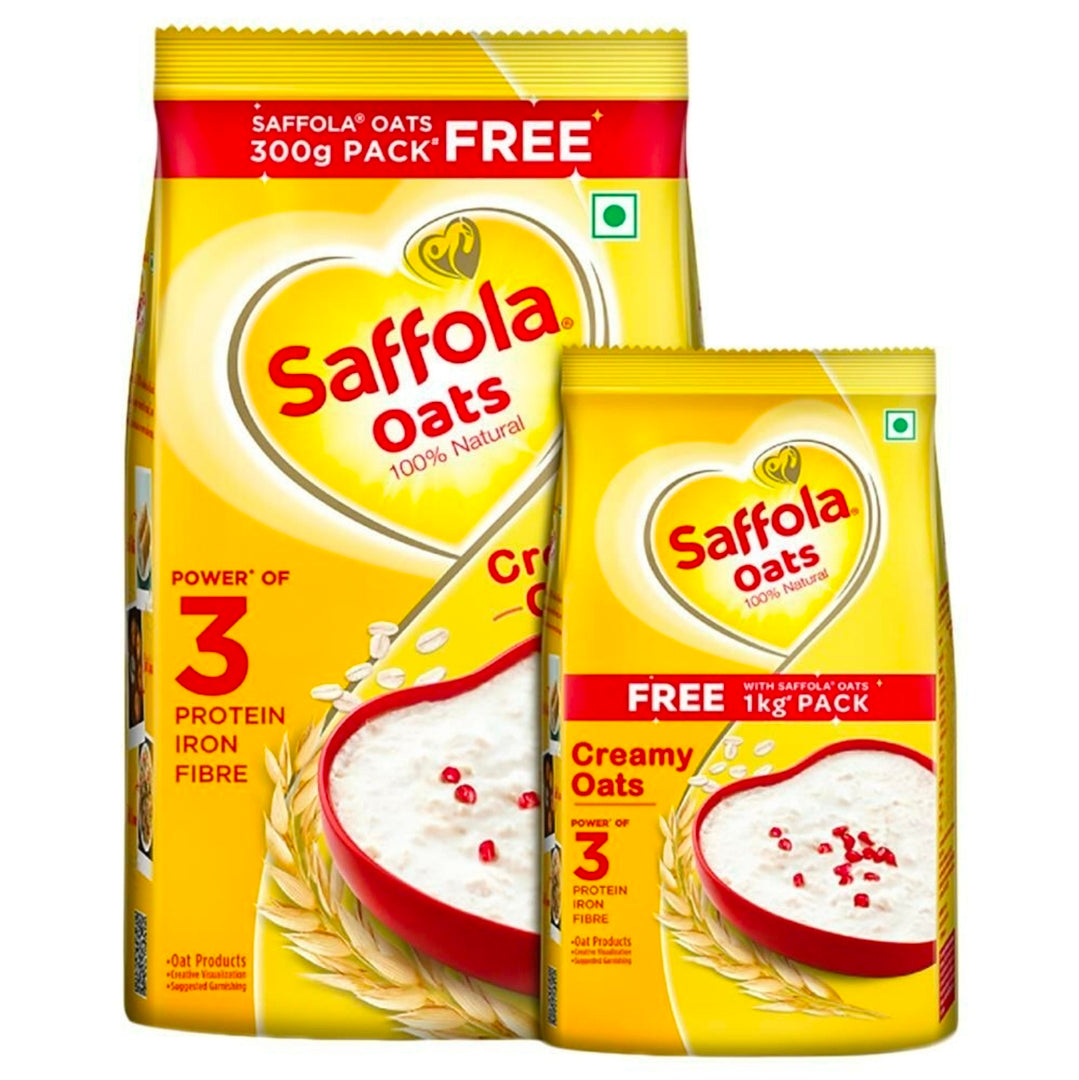 Saffola Oats Instant Rolled, Soft & Creamy, Power of Protein, Iron & Fibre 1kg+300g FREE