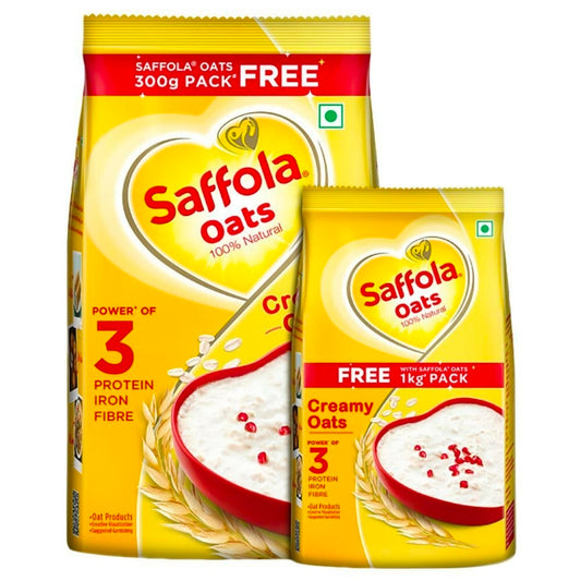 Saffola Oats Instant Rolled, Soft & Creamy, Power of Protein, Iron & Fibre 1kg+300g FREE